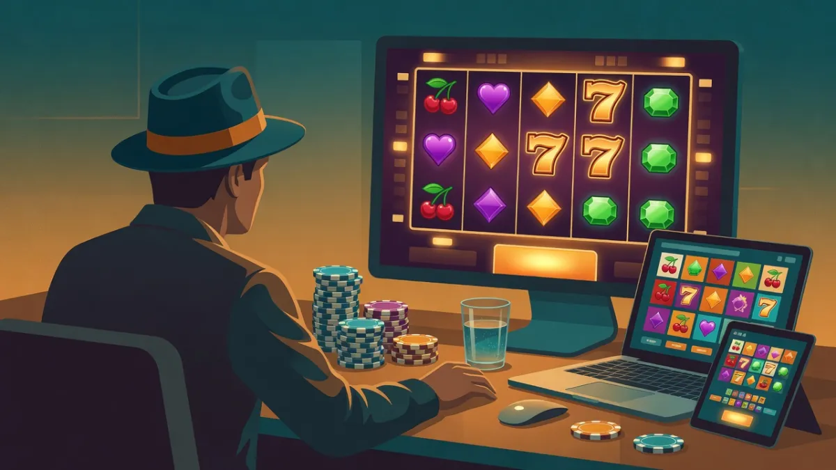Illustrazione di un giocatore davanti a una slot machine online su monitor, laptop e tablet